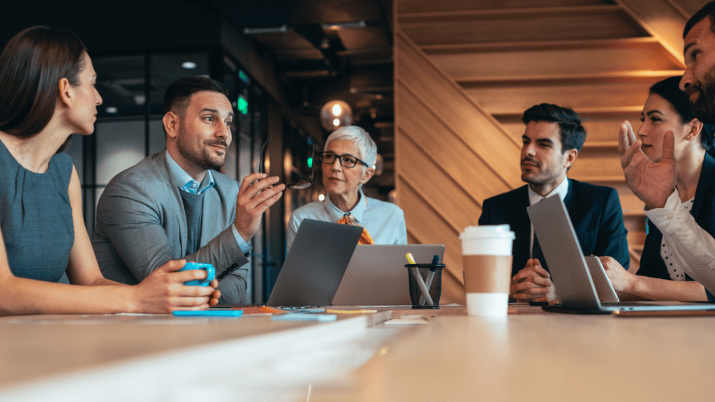 business man speaking persuasively in meeting